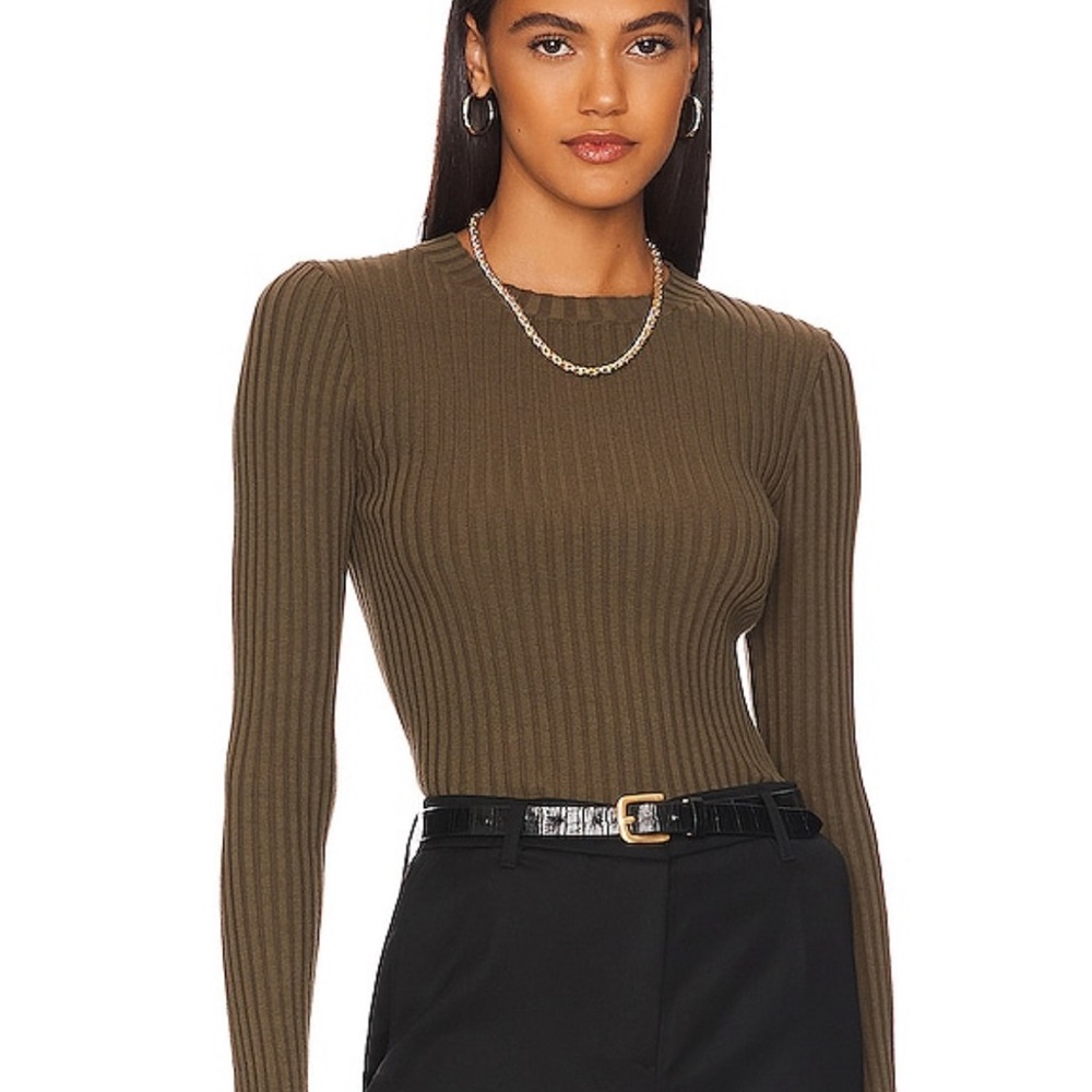 NWT Anine Bing Cecily Olive Green Ribbed Knit Cotton Crewneck Sweater XL